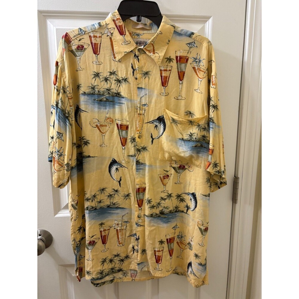 Campia Moda Hawaiian Shirt Cocktails Swordfish Palm Trees Men's LARGE